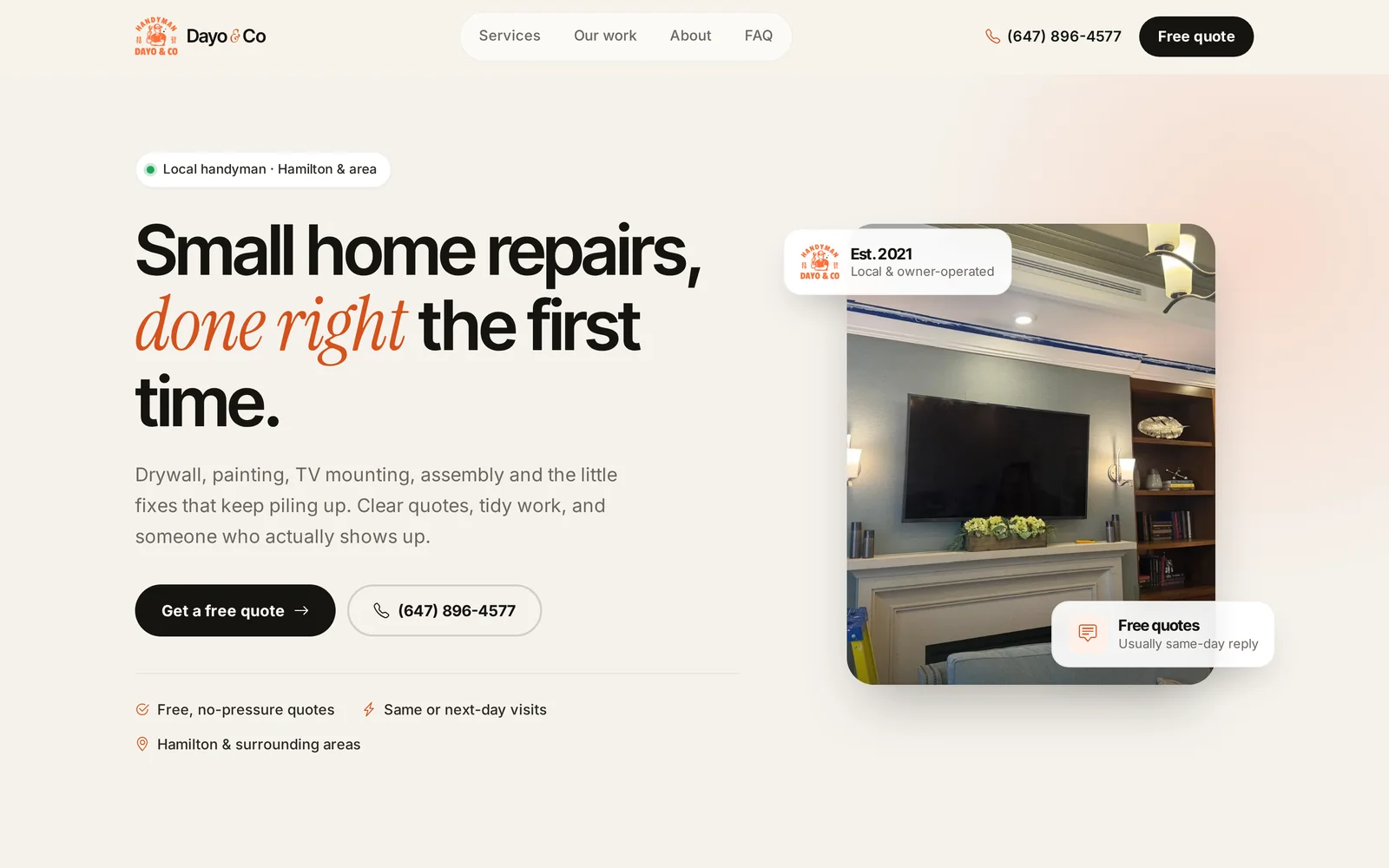 Dayo & Co handyman website homepage: a light hero with the headline Small home repairs, done right the first time, and a photo of a mounted TV