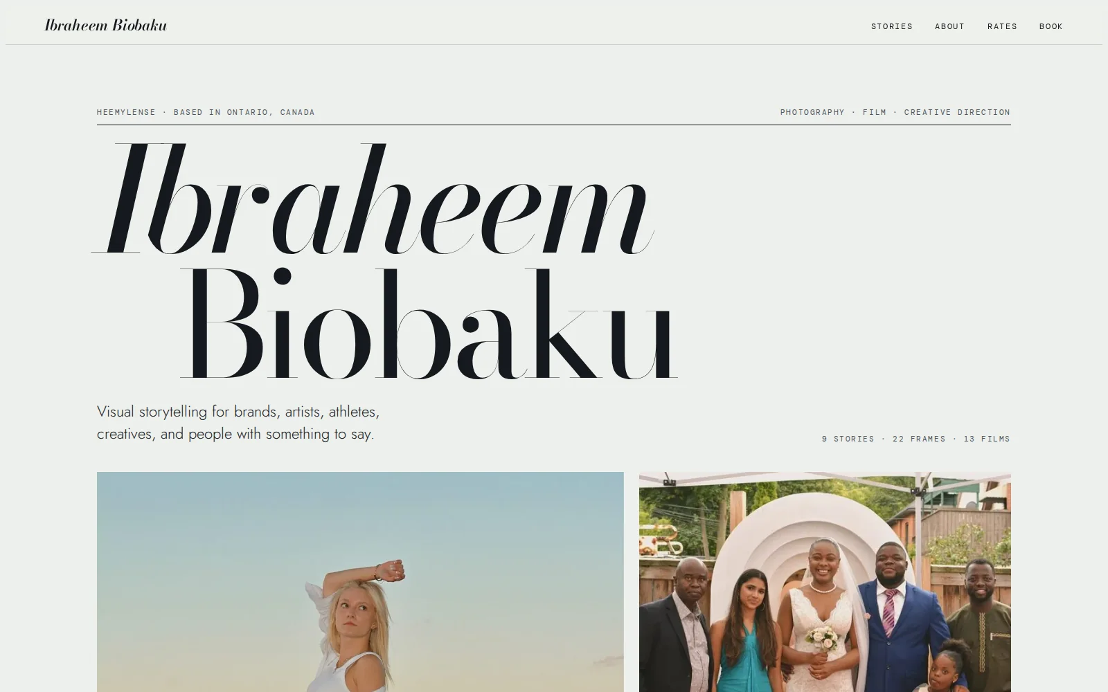 Ibraheem Biobaku photography website homepage: his name in large serif type above a grid of portrait and wedding photos